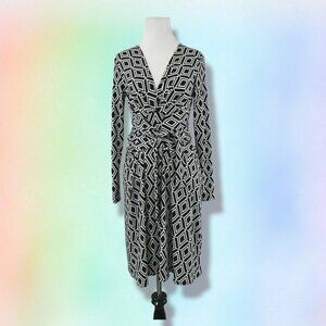 CACHE Dress XS Faux Wrap Stretch Knit Black White Print Long Sleeve‎